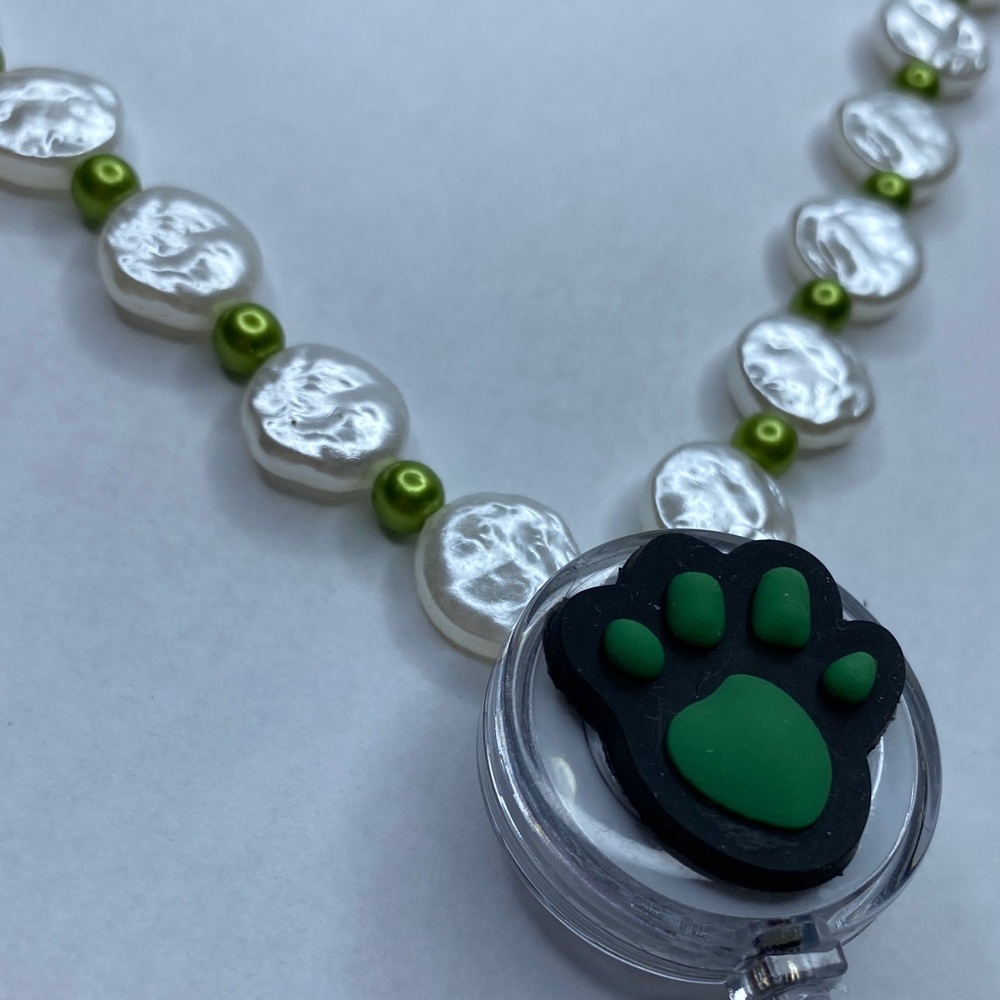 Green and Silver Paw Pendant Handmade Badge Holder Necklace - Picture 3 of 5